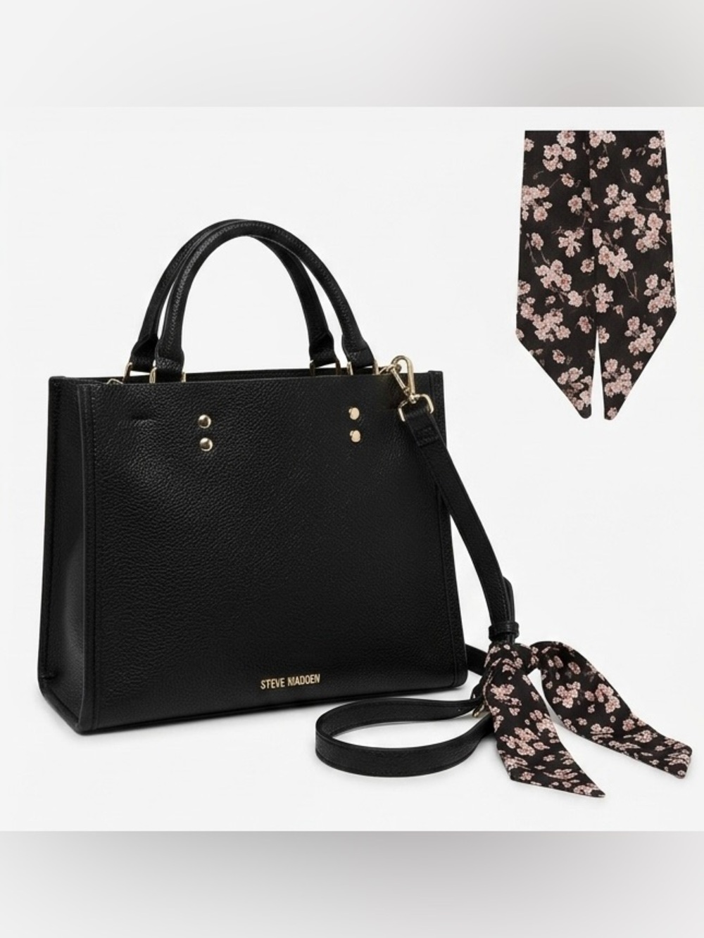 Steve Madden Black Pebbled Leather Tote Bag Satchel Floral Scarf Accent Like New